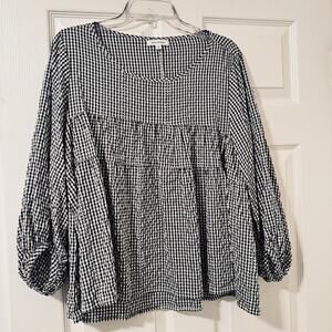 Max Studio Blouse Womens Sz L Black White Gingham Check Top Cottage Puff Sleeve